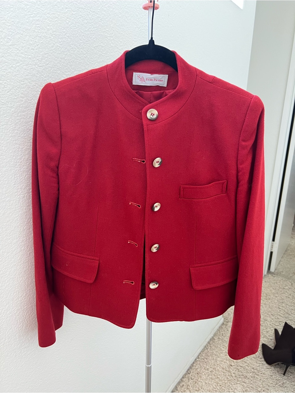 Evan Picone Red Collarless Wool Blazer Jacket